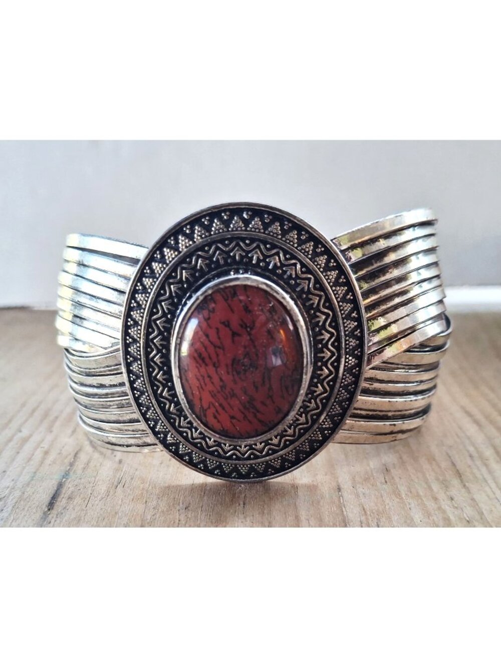 Premier Designs "Red Spice" Vintage Silver Cuff Bracelet With Red Jasper Stone &
